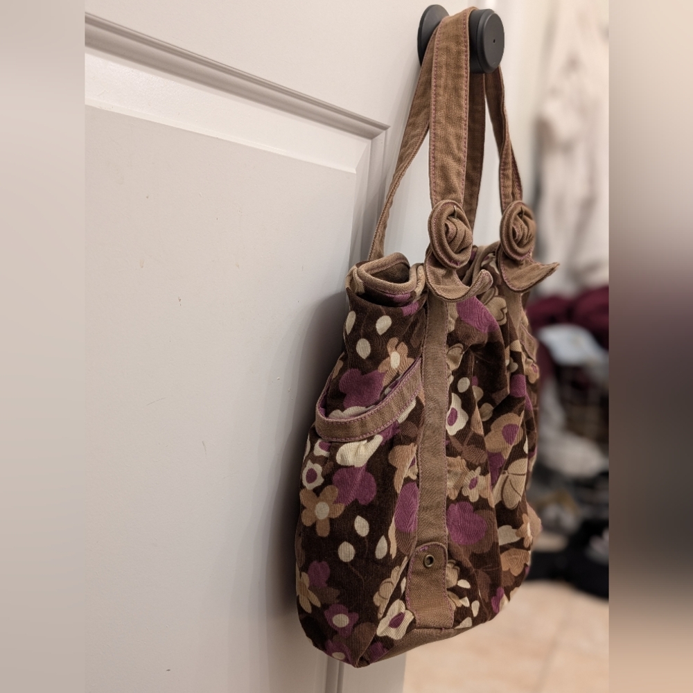 Y2K Deadstock Corduroy Chocolate Brown & Purple Floral Tote Bag - Picture 3 of 7